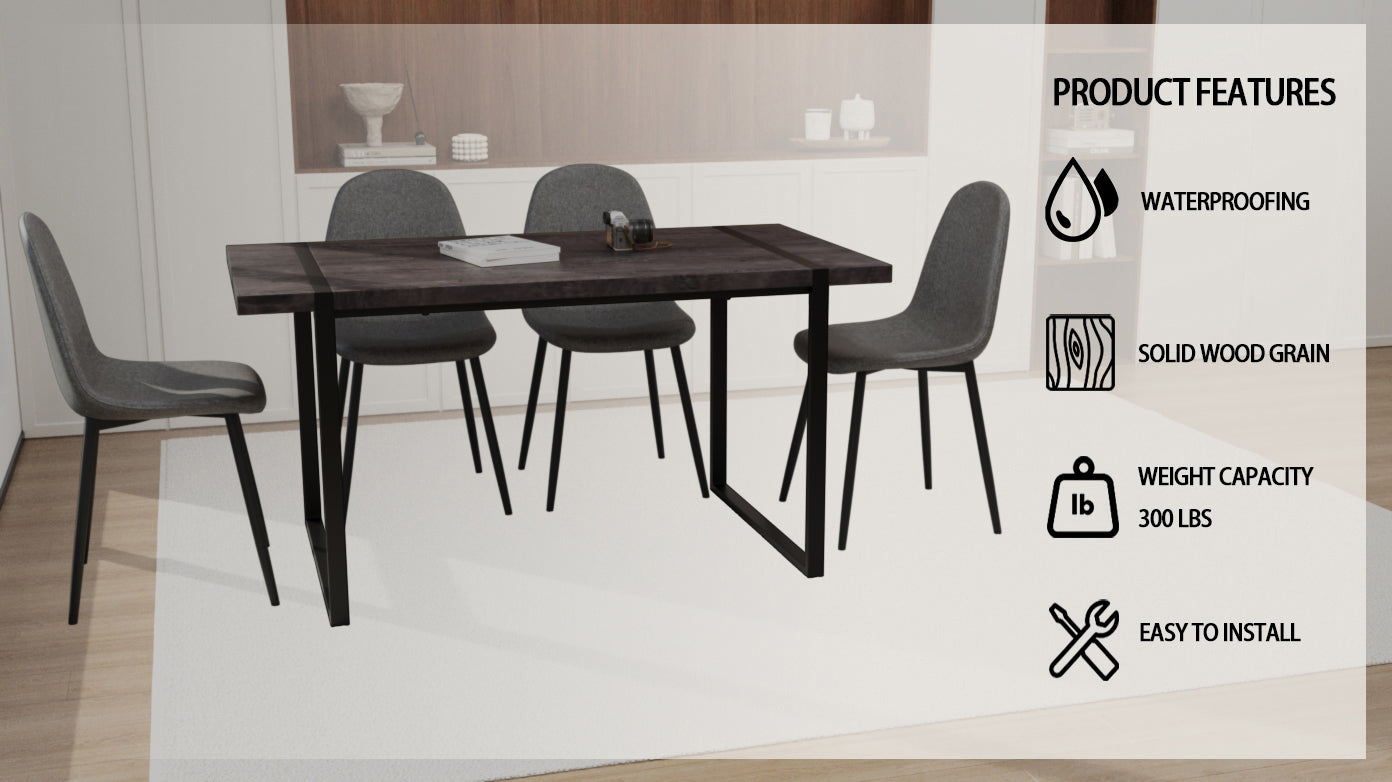 59" Black MDF Dining Table Set for 4 - Modern Industrial Suede Chairs with Metal Base, Ergonomic Comfort, Farmhouse Kitchen & Dining Room Furniture, Easy Assembly