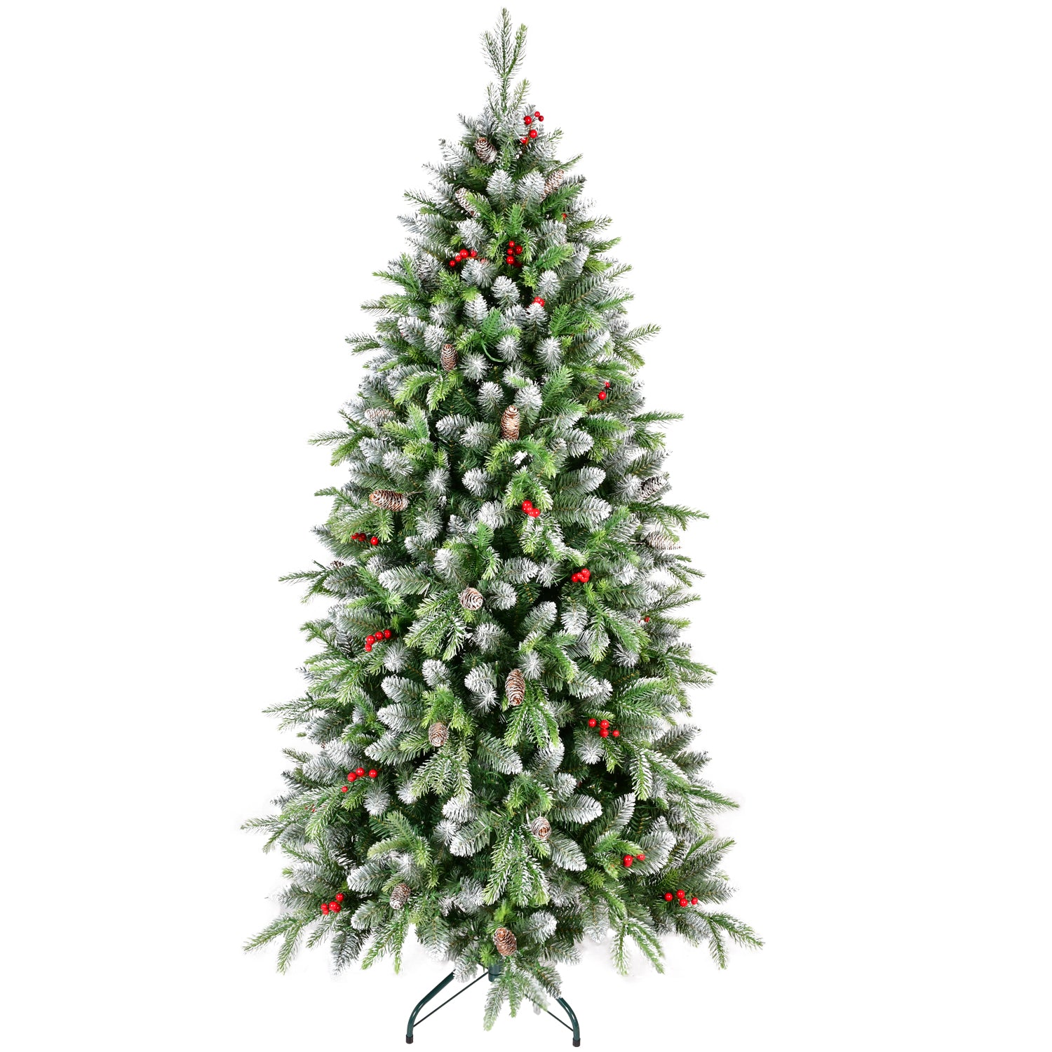 6ft Frosted Green Artificial Christmas Tree | 380 Warm White LED Lights | 1264 Lush Tips | Red Berries &amp; Pinecones | Sturdy Metal Stand | Indoor Holiday Decor