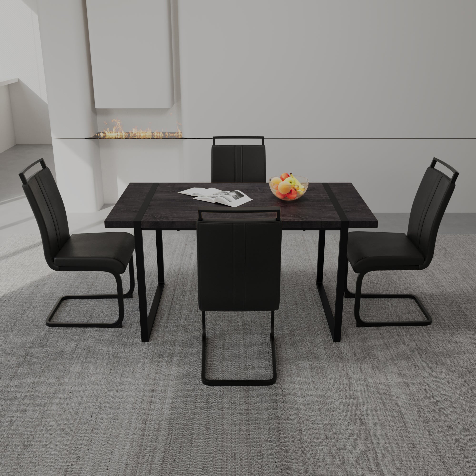 59" Black Rectangular MDF Dining Table Set with 4 PU Armless Chairs - Modern Industrial Farmhouse Style for Kitchen, Dining Room, Office - Comfortable Cushioned Backrests, Sturdy Metal Legs, Easy Assembly