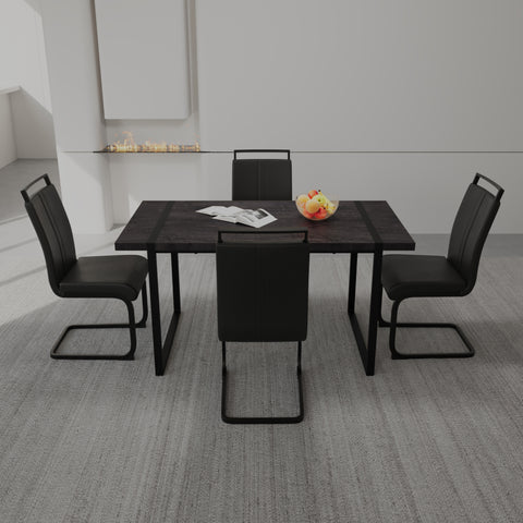 59" Black Rectangular MDF Dining Table Set with 4 PU Armless Chairs - Modern Industrial Farmhouse Style for Kitchen, Dining Room, Office - Comfortable Cushioned Backrests, Sturdy Metal Legs, Easy Assembly