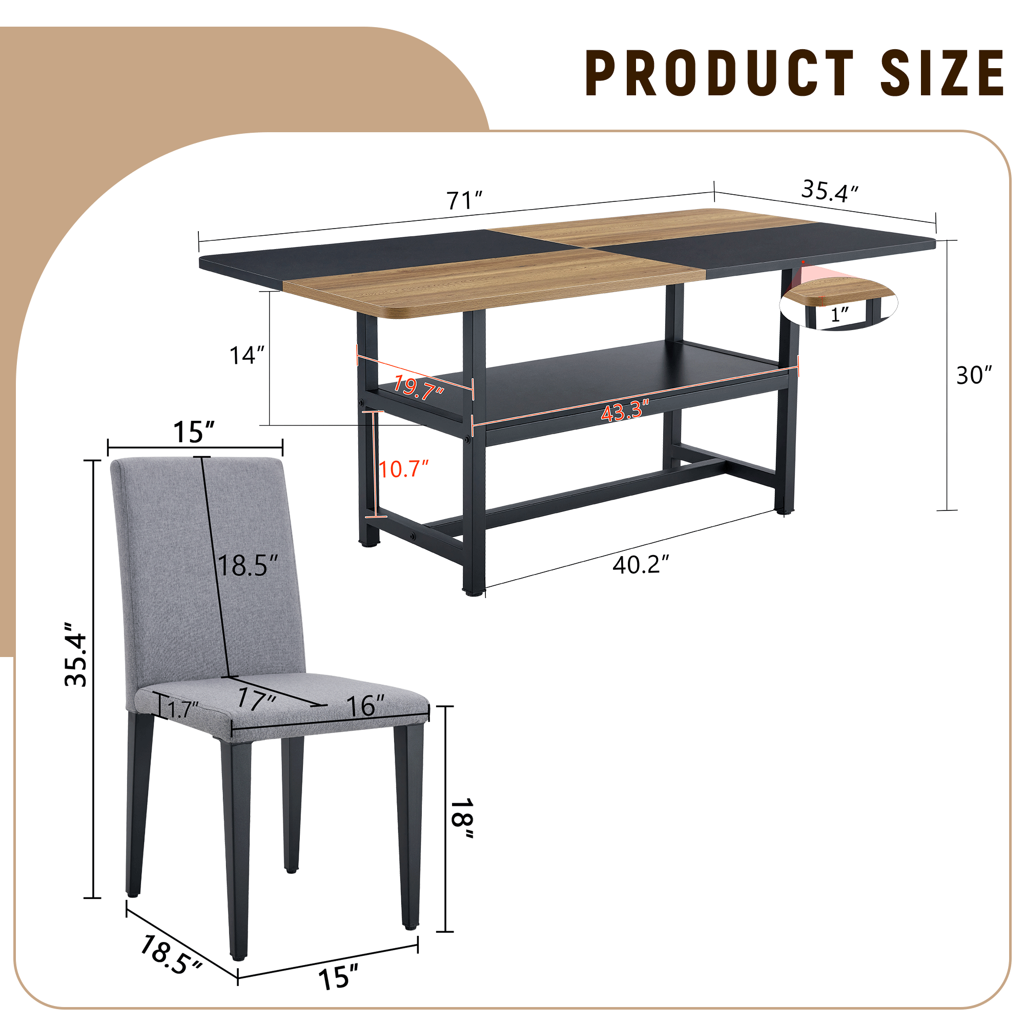 71" Wooden & Black Spliced Dining Table Set with Storage, Seats 6, Paired with Light Gray Linen-Cotton Chairs - Perfect for Kitchen, Dining Room, Home Gatherings