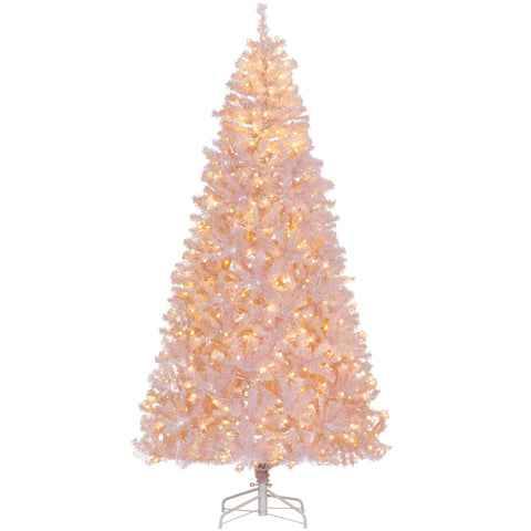 HOMCOM 7.5ft Pink Douglas Fir Prelit Christmas Tree - 500 Warm White LEDs, 1346 Tips, Realistic Branches, Metal Base - Indoor Holiday Decor, Living Room & Party Essential