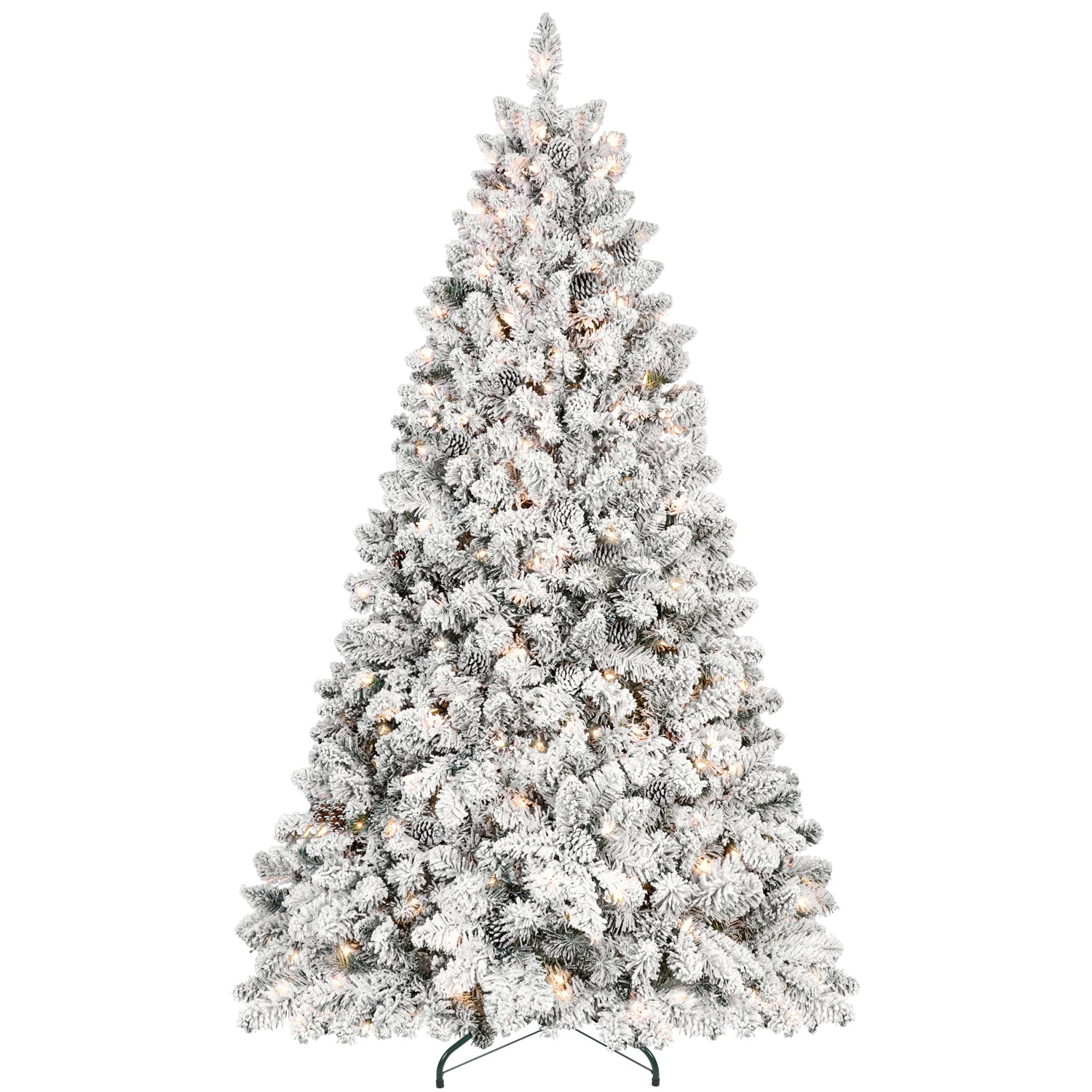 9FT Snow-Flocked Christmas Tree with 850 UL Lights &amp; 63 Pine Cones | Hinged PVC Branches, Stable Metal Stand | Realistic Winter Wonderland Decor for Indoor Holiday Home &amp; Party