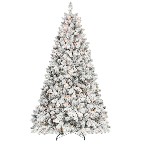 6FT Snowy Flocked Christmas Tree with 350 UL Lights & 35 Pine Cones - Hinged PVC, White/Green, Metal Stand for Festive Holiday Home Decor