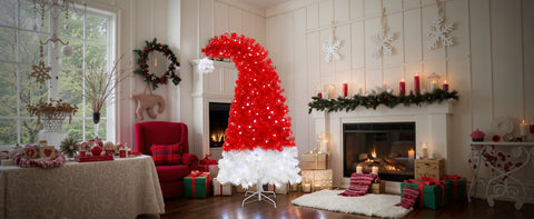 6FT Whimsical Santa Hat Christmas Tree | 1050 PET Tips | Pre-Lit 300 Cold White LEDs | Red & White | Indoor Holiday Decor