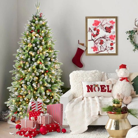 6ft Frosted Green Artificial Christmas Tree | 380 Warm White LED Lights | 1264 Lush Tips | Red Berries &amp; Pinecones | Sturdy Metal Stand | Indoor Holiday Decor