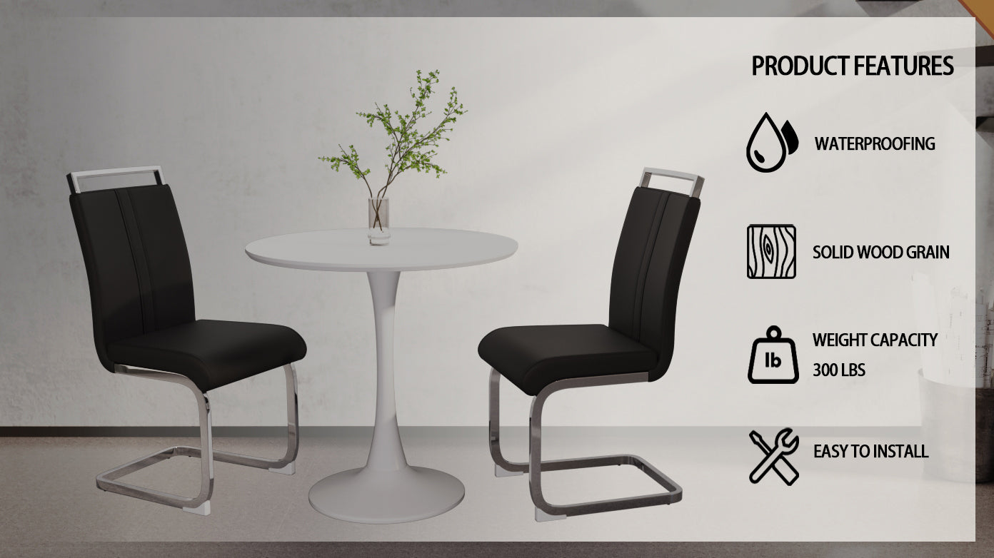 31.5" White Tulip Round Dining Table Set for 2-4, MDF Top & Base with 2 Black PU Leather Metal Leg Chairs - Modern Kitchen & Small Space Furniture