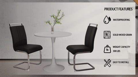 31.5" White Tulip Round Dining Table Set for 2-4, MDF Top & Base with 2 Black PU Leather Metal Leg Chairs - Modern Kitchen & Small Space Furniture