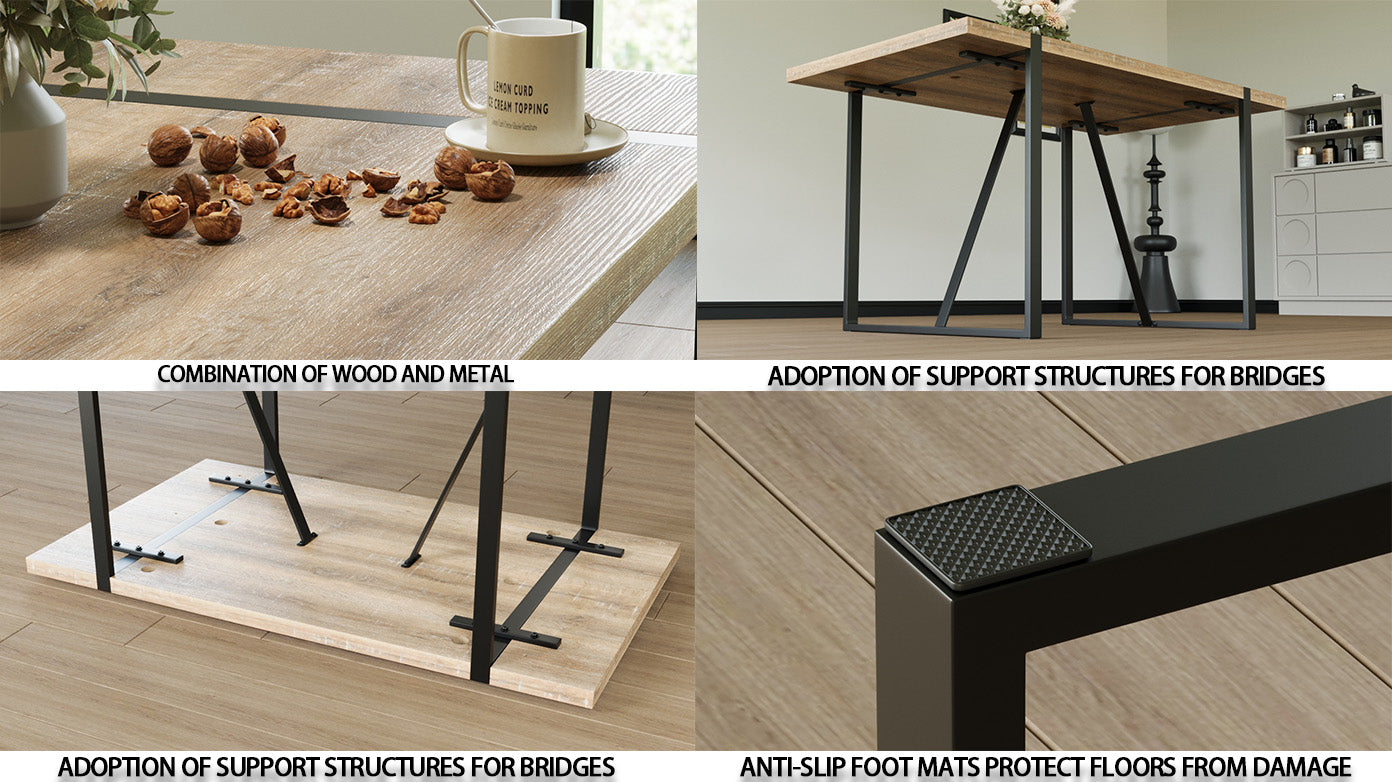 55" Rustic Farmhouse Industrial Dining Table Set for 4, MDF Wood Top, Black Metal Legs, PU Armless Chairs, Modern Kitchen & Dining Room Furniture, Easy Assembly