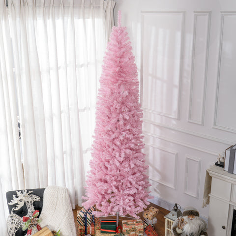 HOMCOM 8ft Pink Slim Douglas Fir Artificial Christmas Tree | 1168 Realistic Branch Tips | Easy Assembly | Steel Base | Perfect for Apartments &amp; Small Spaces