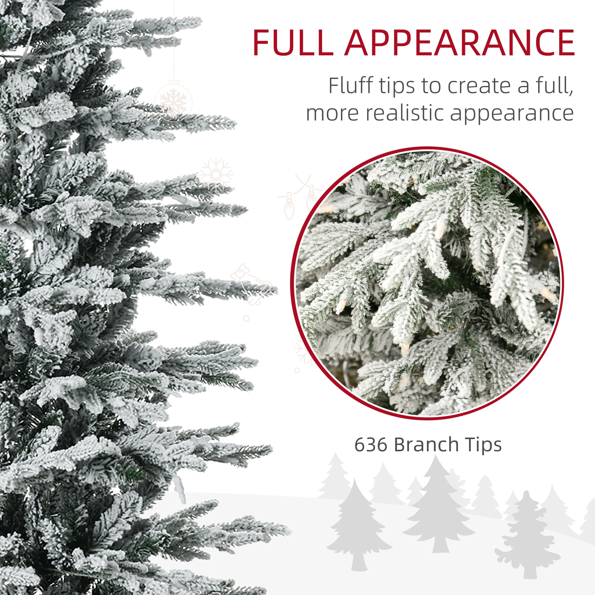 HOMCOM 6ft Snow Flocked Artificial Christmas Tree: 636 Branches, 250 Warm White Lights, Auto-Open Design for Easy Setup & Storage - Perfect Holiday Décor for Home, Living Room