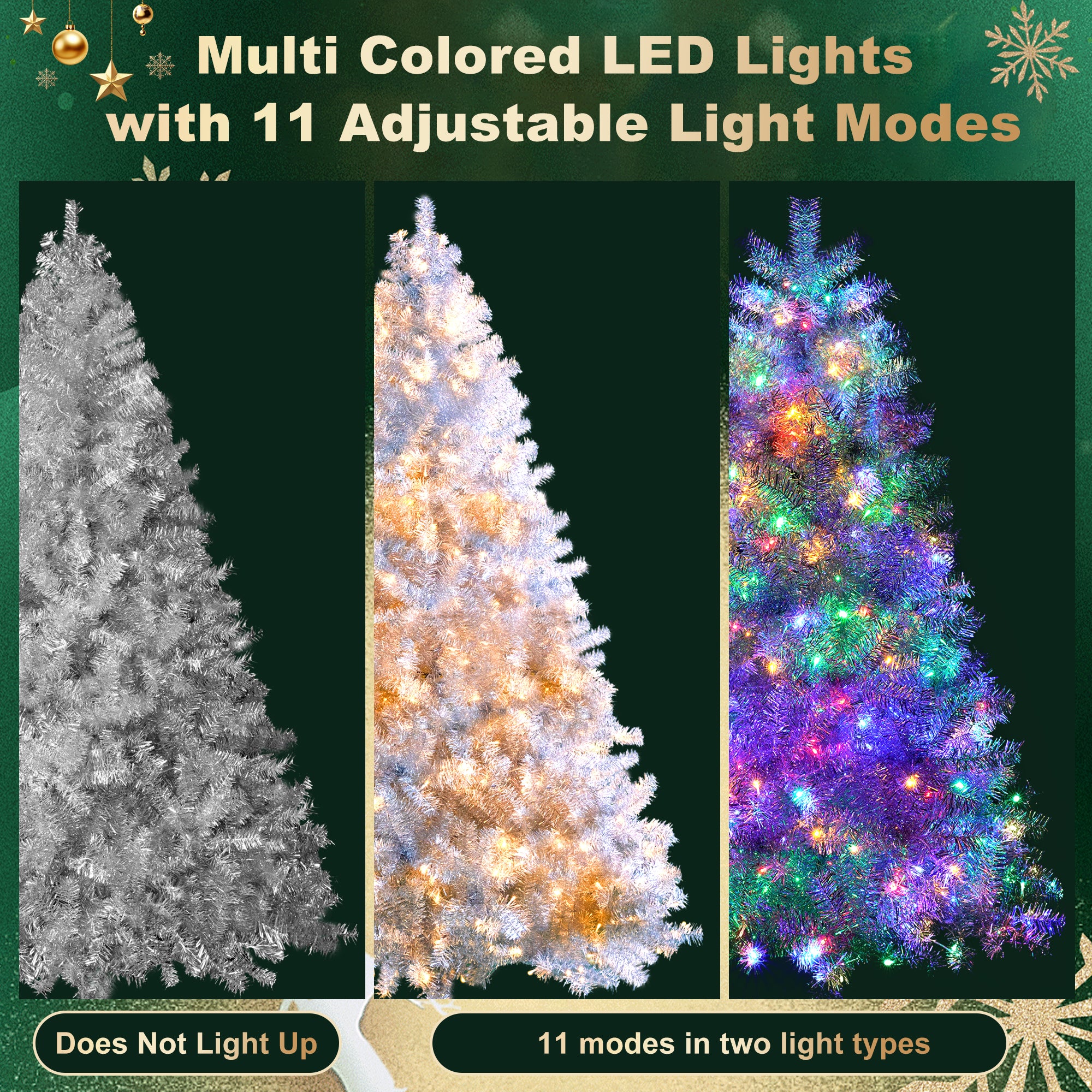 6FT Sliver Pre-Lit Artificial Christmas Tree: Hinged Full PVC Tree with 800 Branch Tips & 300 LED Lights, 11 Modes. Ideal Indoor/Outdoor Holiday Decoration.
