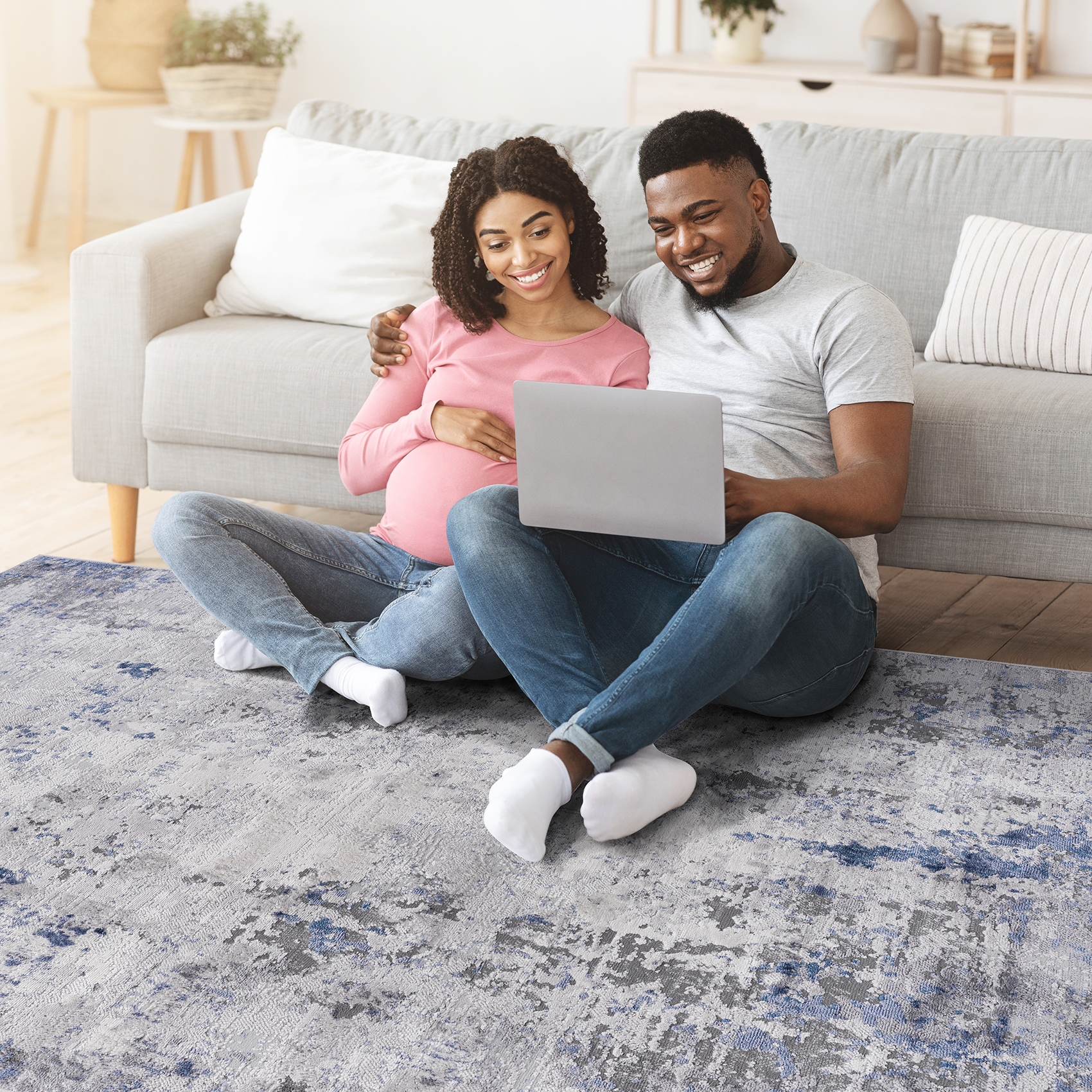 MARFI Collection 6'x9' Abstract Area Rug | Stain Resistant, Kid & Pet Friendly Polyester | Medium Pile, Latex-Free Cotton Backing | Silver/Blue | Turkey Made