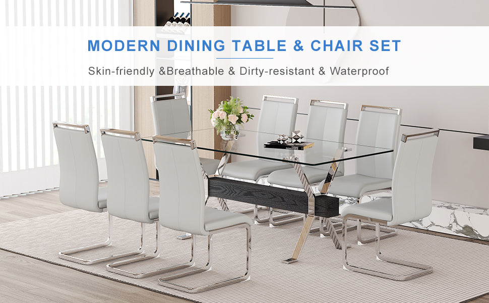 Elegant 8-Seater Dining Set: 71" Clear Tempered Glass Table &amp; 8 Light Gray PU Chairs with Silver Metal Legs for Modern Kitchens &amp; Dining Rooms