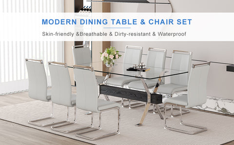 Elegant 8-Seater Dining Set: 71" Clear Tempered Glass Table &amp; 8 Light Gray PU Chairs with Silver Metal Legs for Modern Kitchens &amp; Dining Rooms