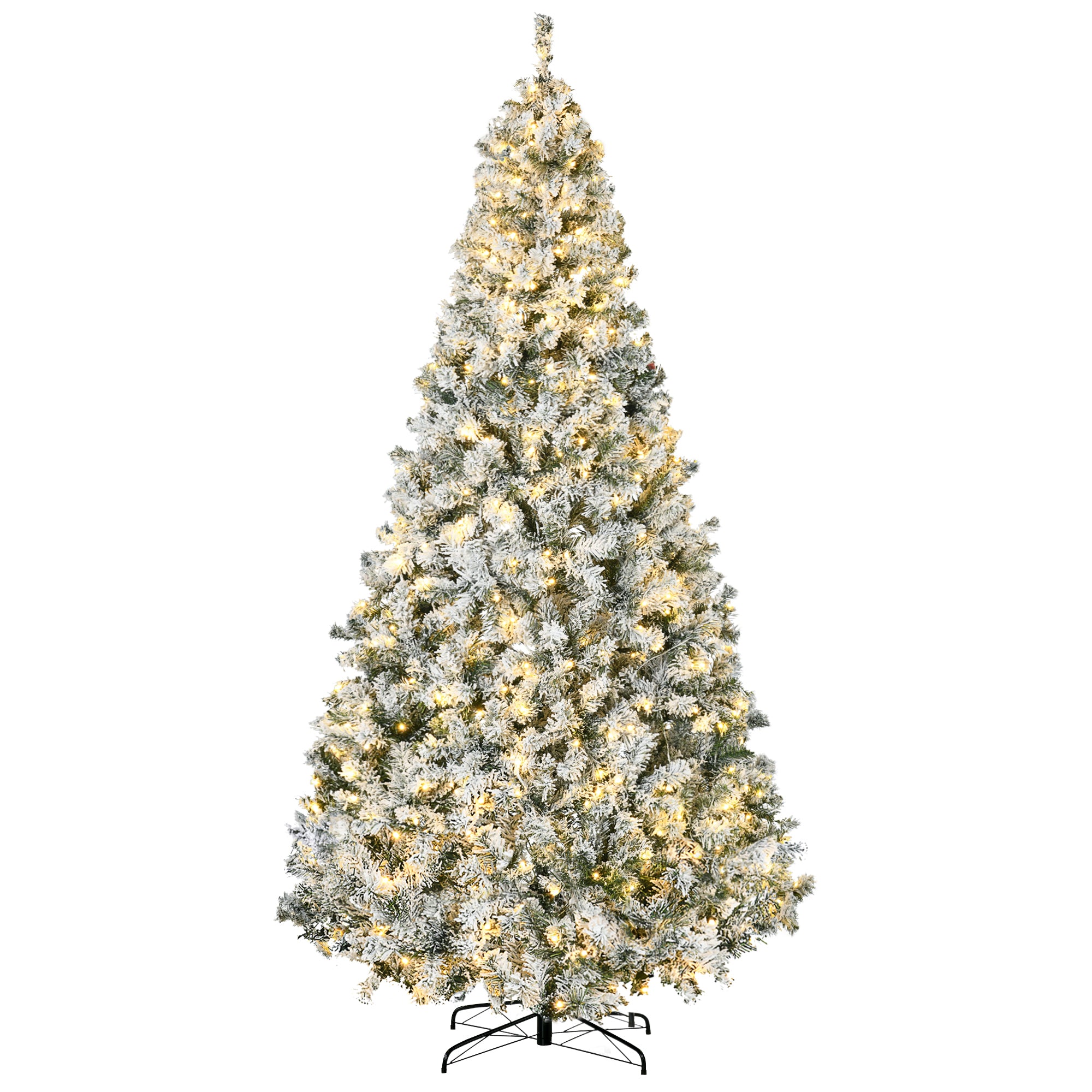 HOMCOM 9ft Snow Flocked Prelit Christmas Tree | 1868 Branches, 600 Warm White LEDs | Auto-Open, Flame Retardant | Realistic Green Artificial Holiday Decor, 55" W x 106.3" H