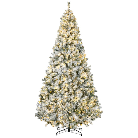 HOMCOM 9ft Snow Flocked Prelit Christmas Tree | 1868 Branches, 600 Warm White LEDs | Auto-Open, Flame Retardant | Realistic Green Artificial Holiday Decor, 55" W x 106.3" H