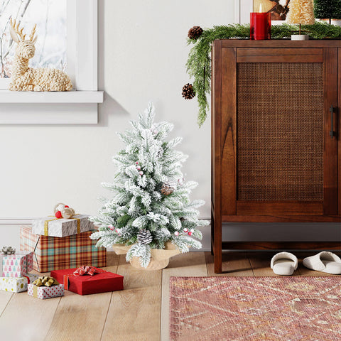 3FT Flocked Snow Christmas Tree | 355 PE/PVC Tips, Pine Cones &amp; Berries | Rustic Burlap Cement Base | Small Decorative Holiday Tree for Tabletop, Desk, Home &amp; Office Decor