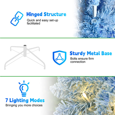 6FT Blue Gradient Flocked Pencil Christmas Tree - 200 Warm White LED Lights, 485 Tips, Hinged Branches, Slim Design, Metal Stand for Festive Home & Office Holiday Decor
