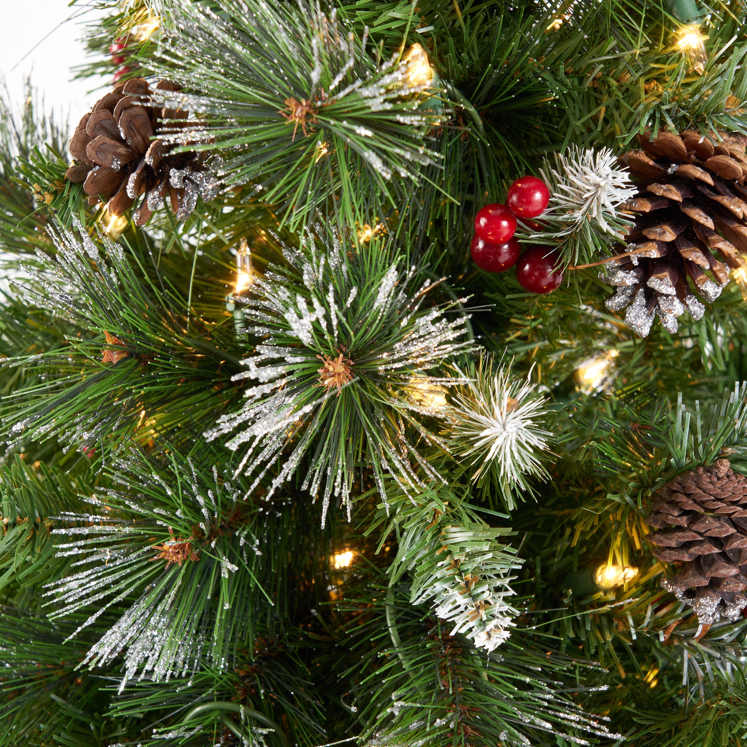 54" Glitter Bristle Mixed Hinged Christmas Tree - Green PVC, 407 Tips, Red Berry & Pine Cone Accents - Perfect Holiday Home Decor for Living Room & Indoors