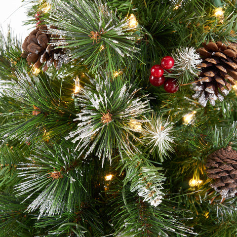 54" Glitter Bristle Mixed Hinged Christmas Tree - Green PVC, 407 Tips, Red Berry & Pine Cone Accents - Perfect Holiday Home Decor for Living Room & Indoors