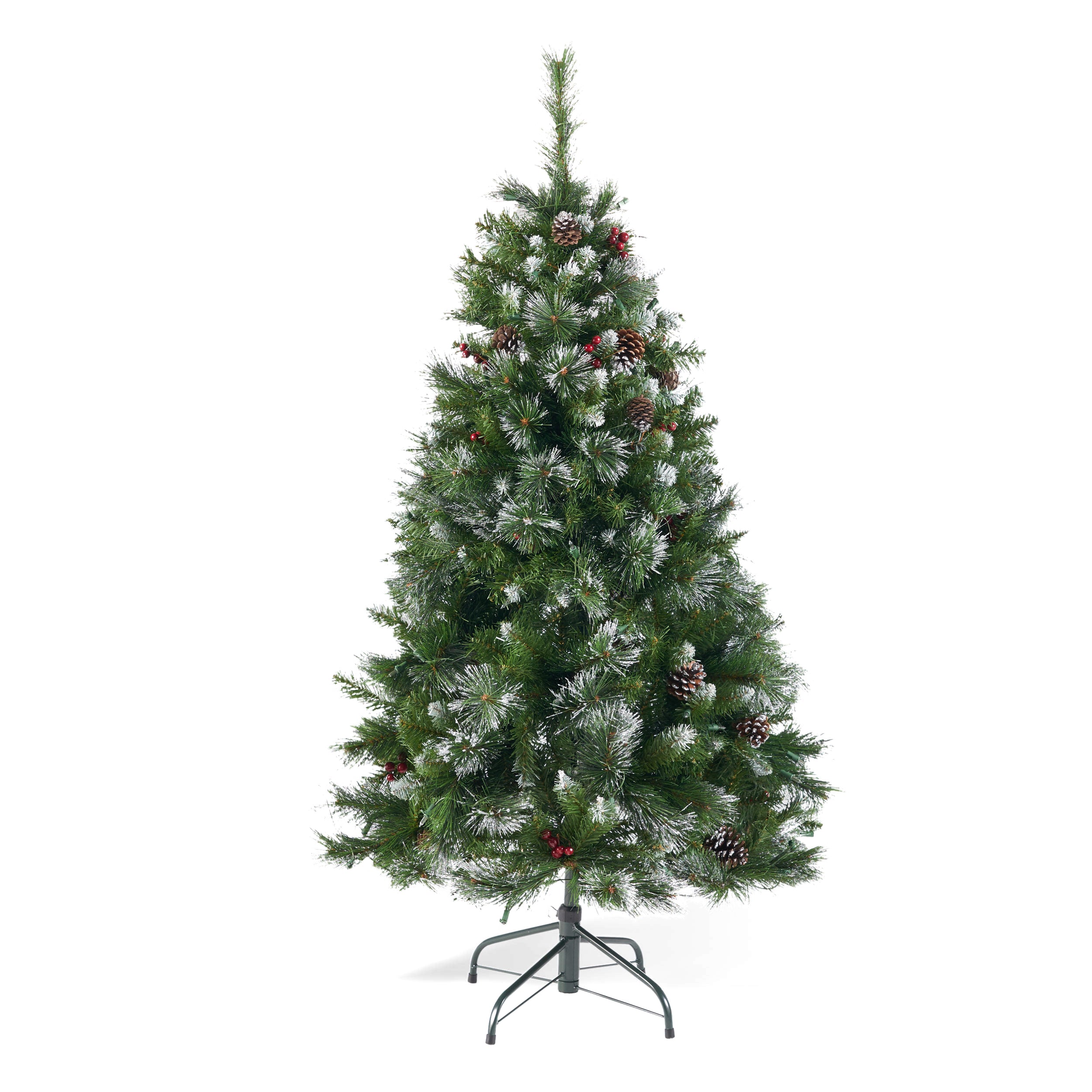 54" Glitter Bristle Mixed Hinged Christmas Tree - Green PVC, 407 Tips, Red Berry & Pine Cone Accents - Perfect Holiday Home Decor for Living Room & Indoors